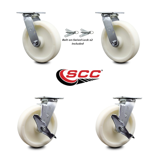 8 Inch Nylon Caster Set With Roller Bearing 2 Swivel Lock 2 Brake